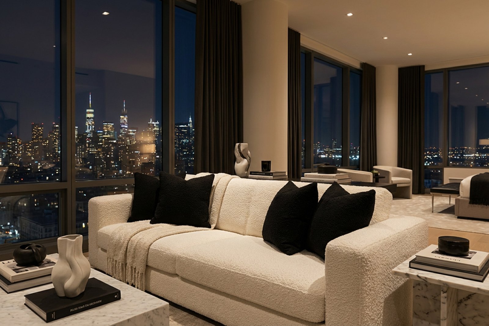 A white bouclé sofa against floor-to-ceiling windows over a lit city skyline