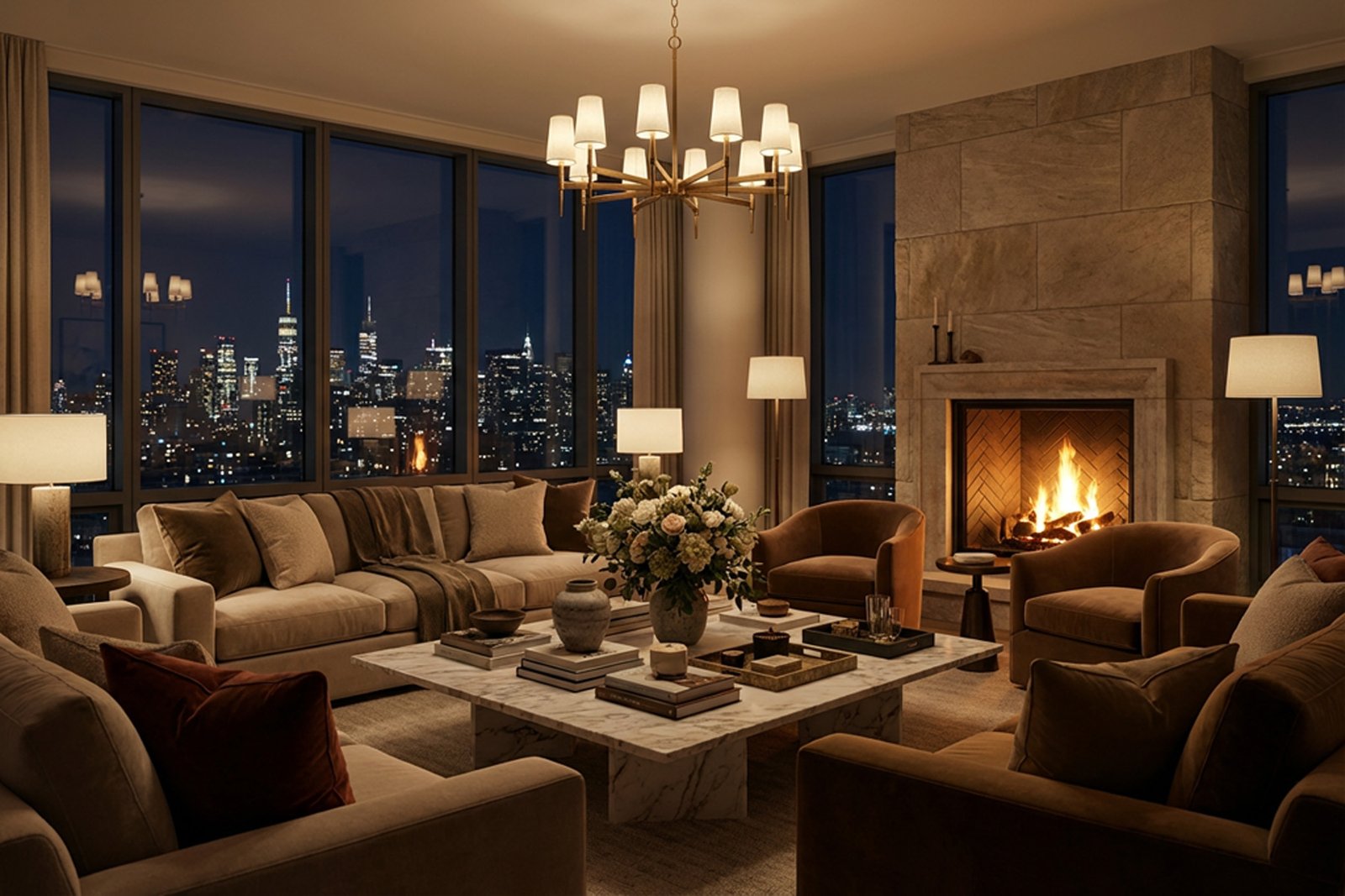 A high-rise living room at dusk with a stone fireplace and city view