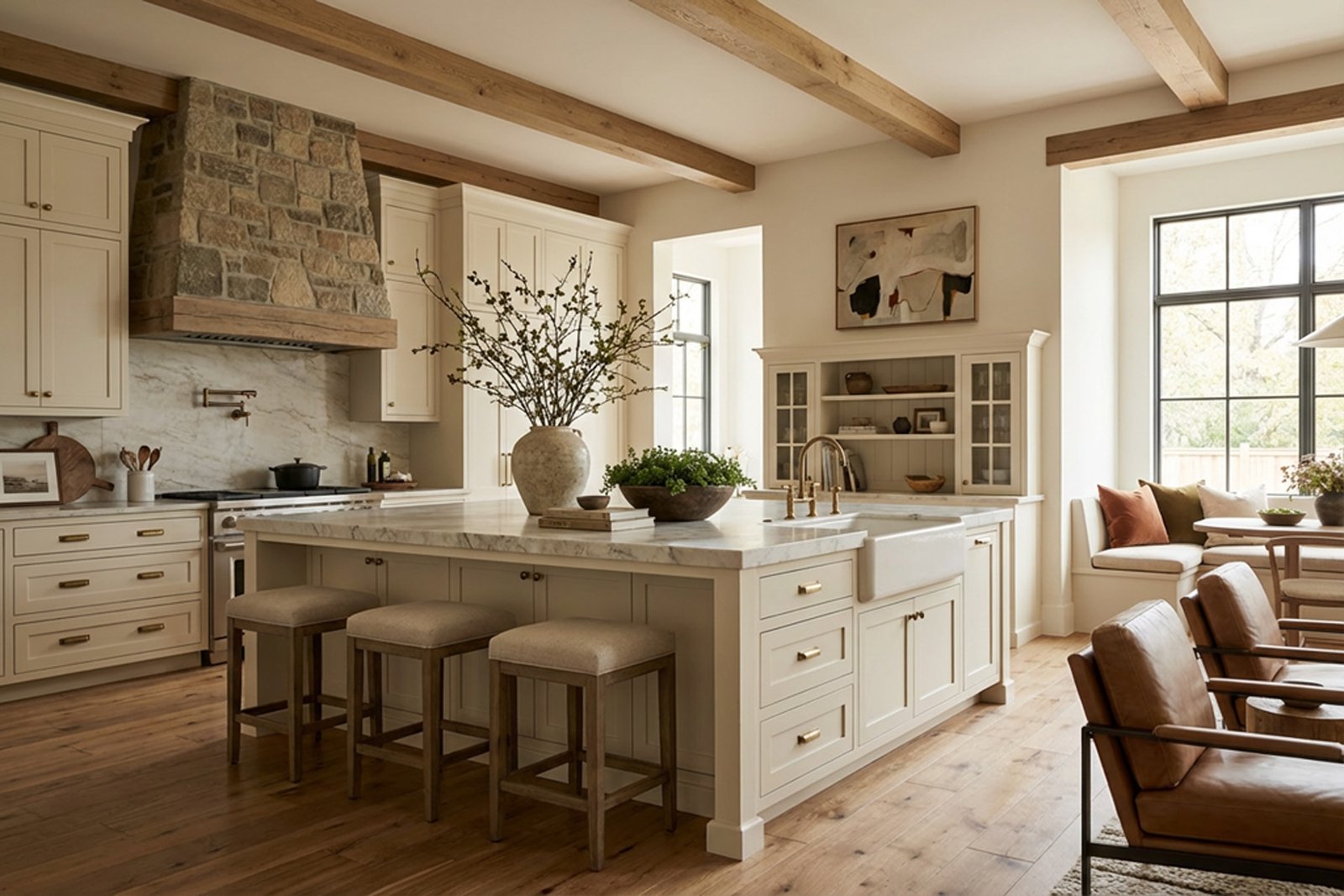 A cream kitchen with oak beams, a stone hood and a marble island
