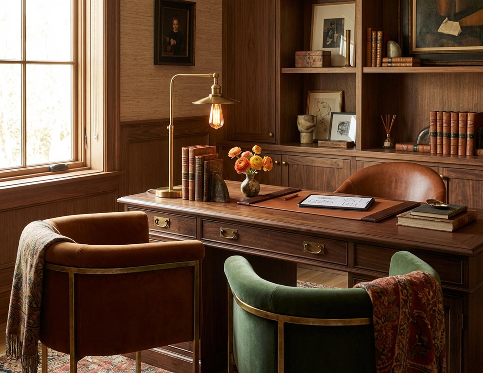 A panelled study with a walnut desk, brass lamp and library shelving