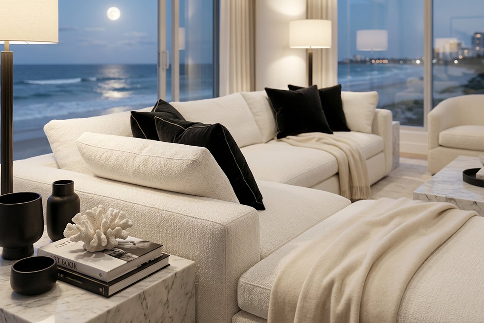 Coastal living room at dusk