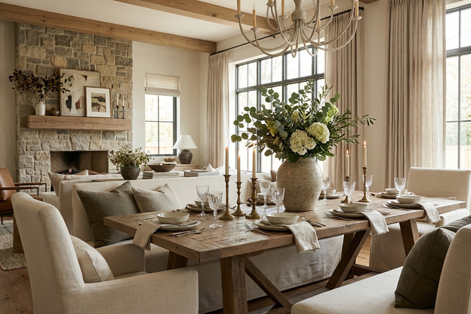 Farmhouse dining room set for dinner