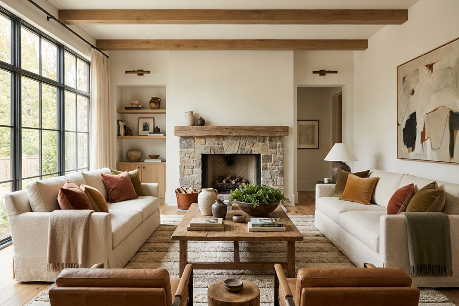 Traditional living room with stone fireplace and beamed ceiling